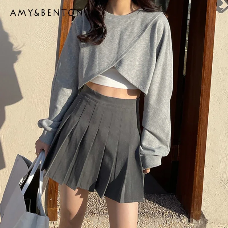 

2024 Summer and Autumn High Waist A-Line Skinny Waist Grey College Style Half Body Hip Wrap Skirt For Women