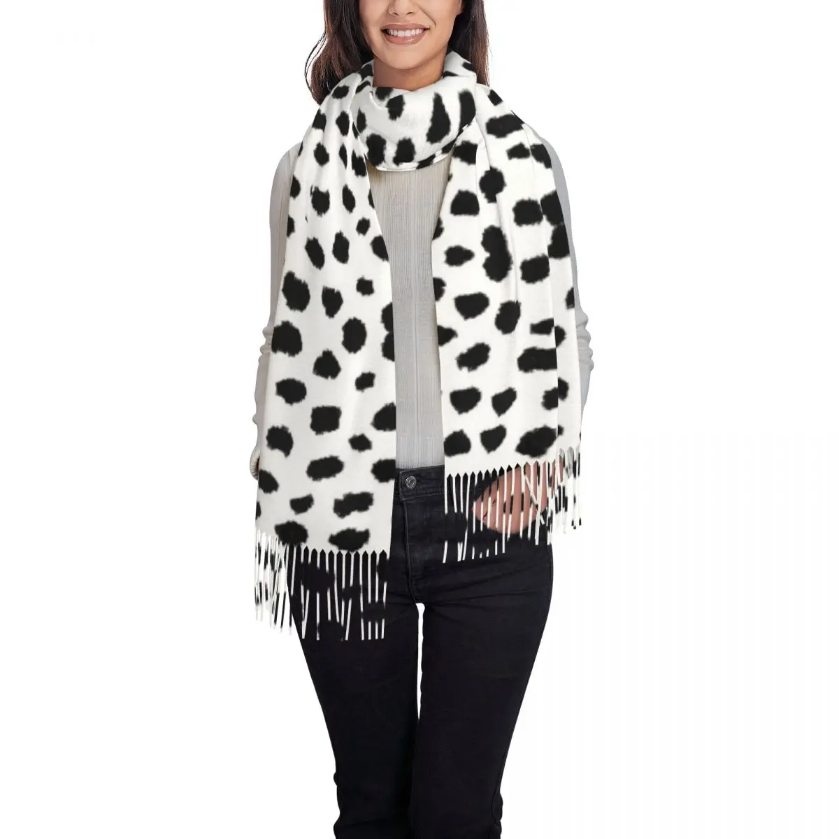 Womens Scarf with Tassel Dalmatian Spots Long Winter Fall Shawl and Wrap Dalmatian Dog Animal Lover Gifts Cashmere Scarf