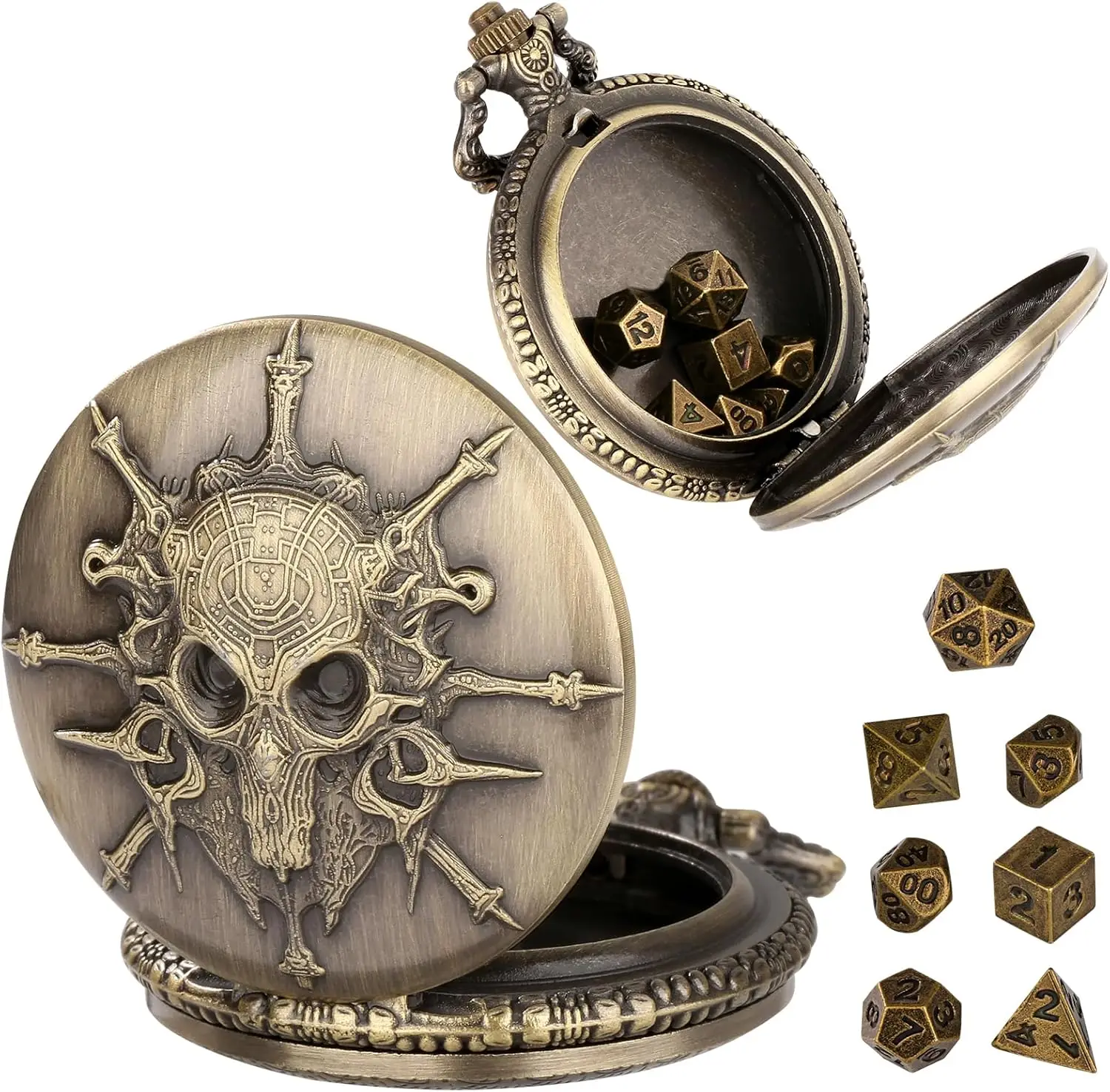 Mini DND Dice Set Steampunk Warlock Pocket Watch Shell Case 7pcs Polyhedral Metal D&D Dice Set for Dungeons and Dragons dice box