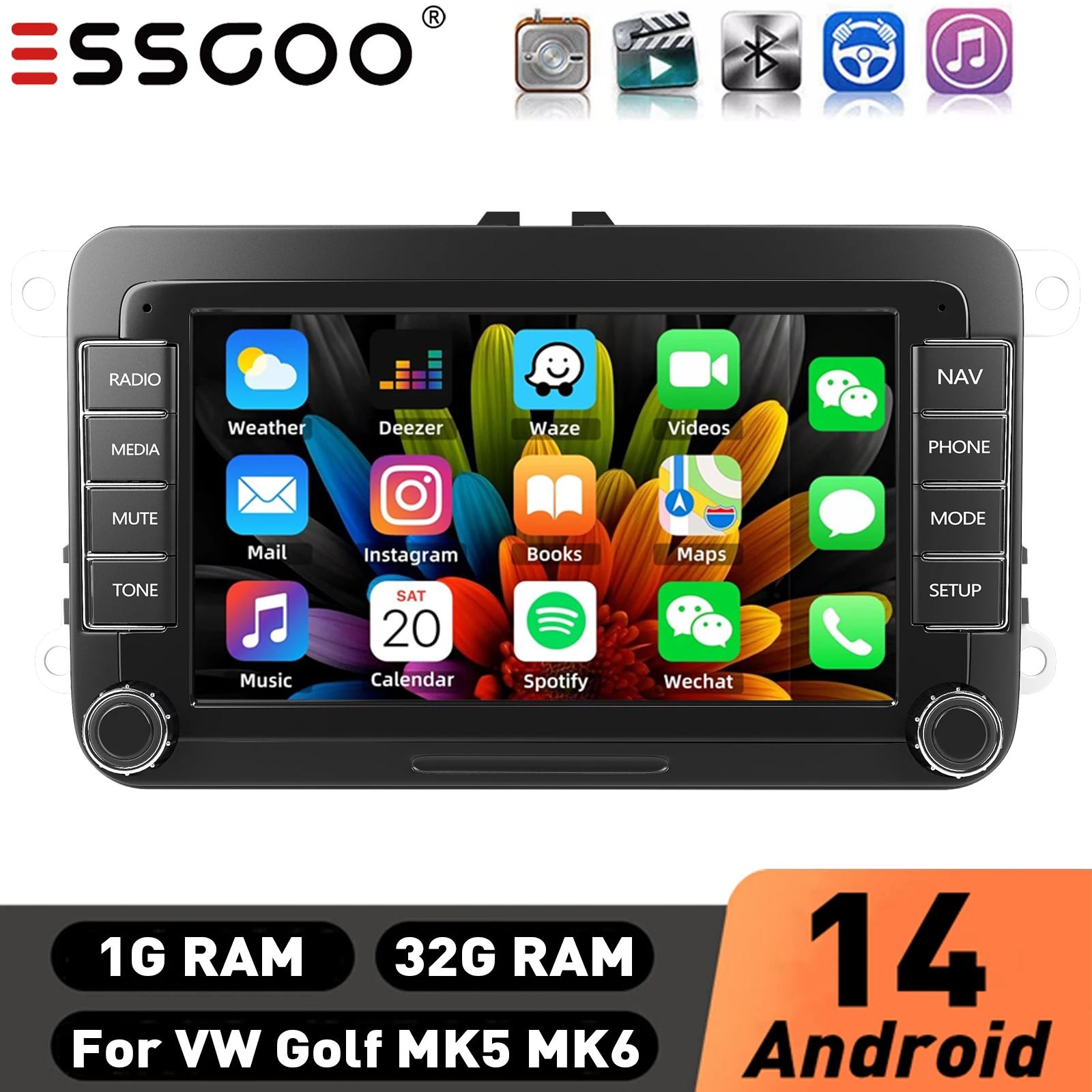 

7" Car Stereo Android 14 For VW Volkswagen Jetta Passat Golf MK5 MK6 Apple Carplay GPS Navigation FM Radio WiFi SWC Head Unit BT