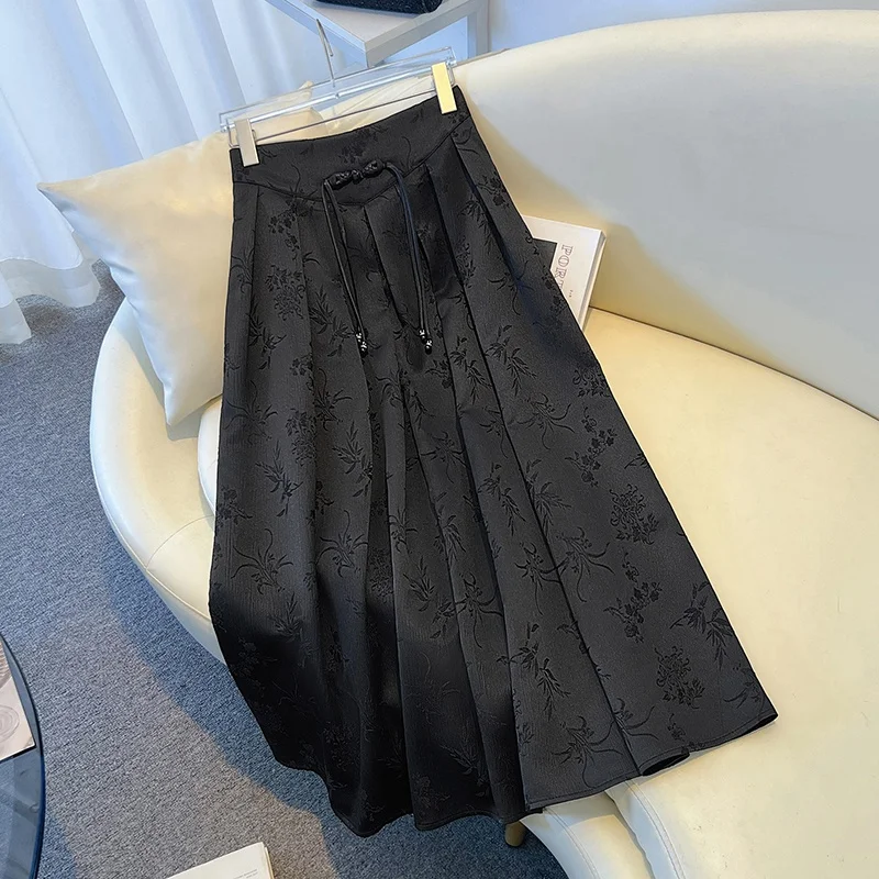 New Chinese Style National Trend Button Embellished Half Skirt Autumn plus Size Fat MM Vinegar Acetate Skirt High Waist A-Lin...