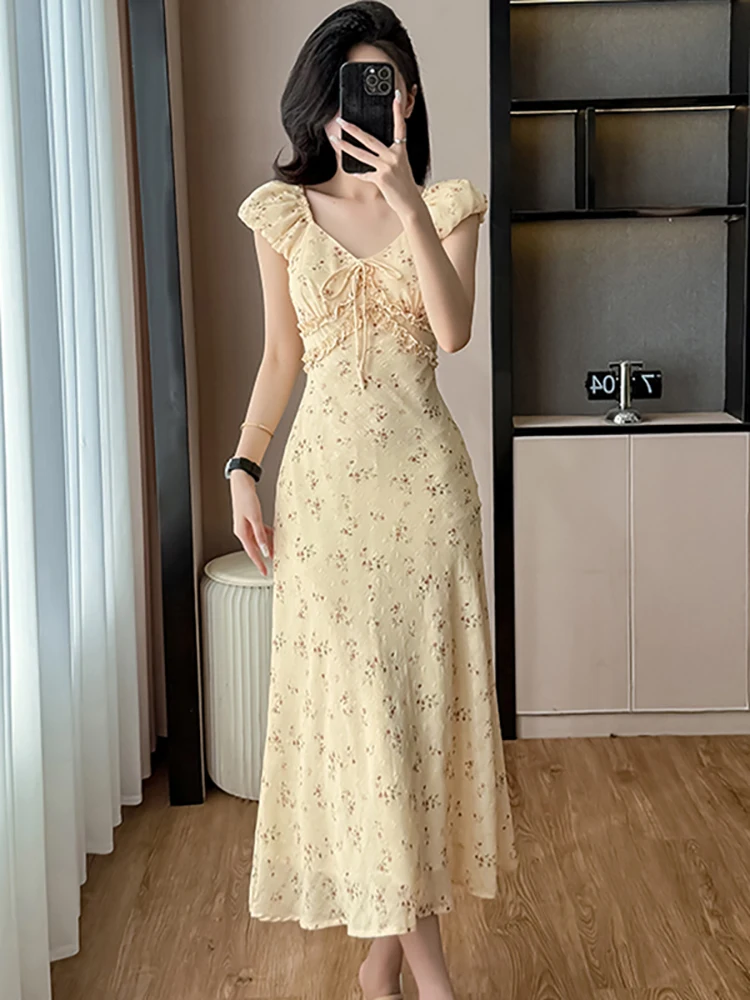 

Summer Boho Embroidery Floral Causal Long Dress Women Short Sleeve V-Neck Holiday Dress 2025 Korean Elegant Bodycon Party Dress