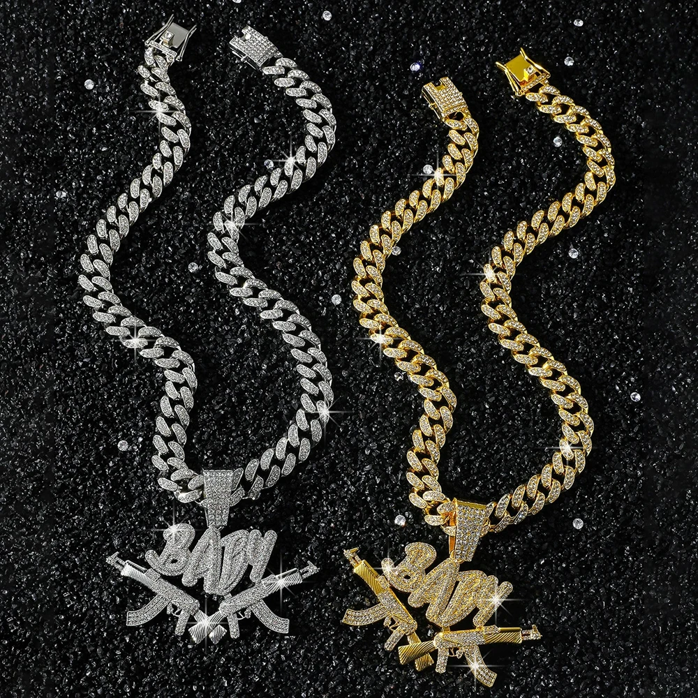 New Men Hip Hop Iced Out Bling AK47 Gun Pendant Necklace with 13mm Miami Cuban Chain HipHop Letter BABY Necklace Fashion Jewelry