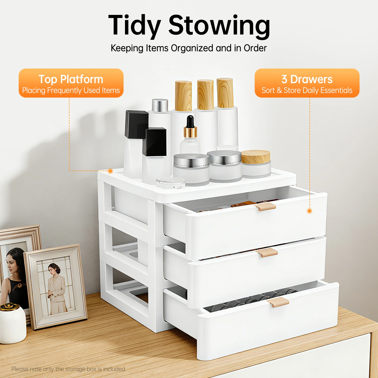 

Настольный органайзер с 3 ящиками, современный белый органайзер из полипропилена с верхней платформой для офисных принадлежностей, косметики и туалетных принадлежностей