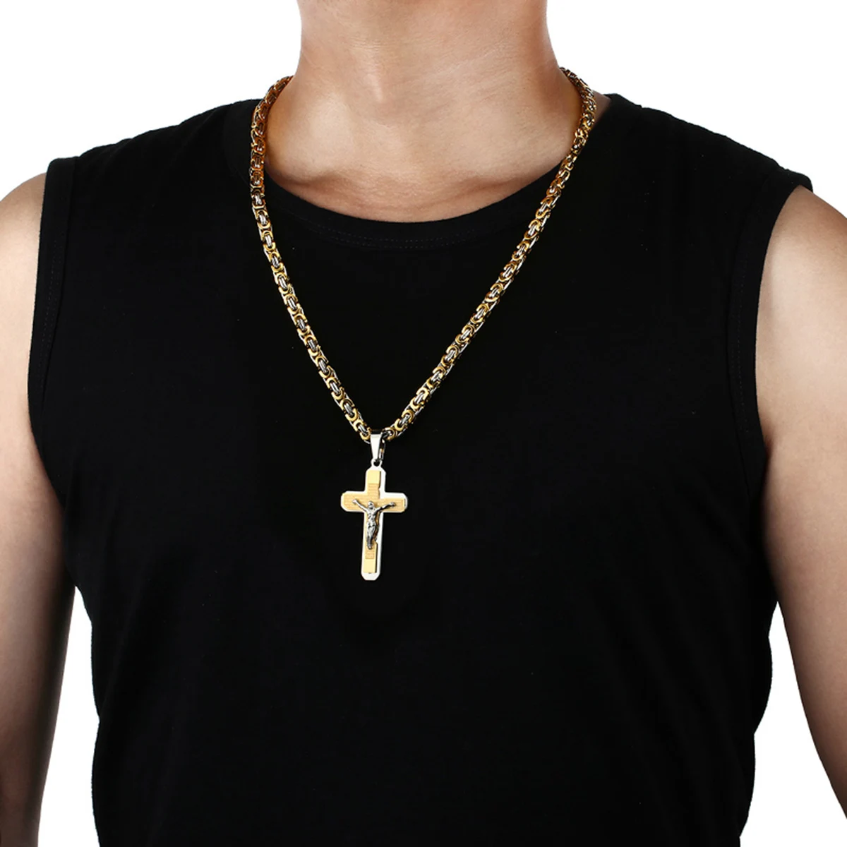 Christliches Kruzifix Jesus Christus Kreuz Halskette mit Bibel Edelstahl Byzantinische Kette Halskette Taufe Gebet Schmuck Männer – Detail 3