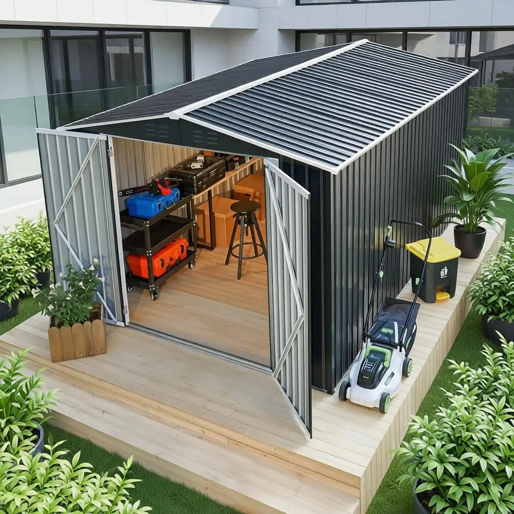

12 ft x 8 ft Outdoor Metal Shed, Durable Garden Storage, Black Patio & Lawn Tool Shelter