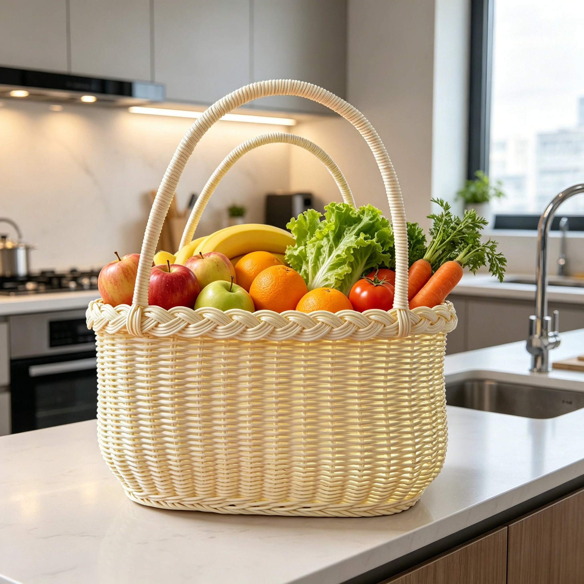 Rattan Style Shopping Basket Woven Tote Double Reinforced Handles For Grocery Picnic Fruit Vegetable Kitchen Storage Organizer view 2