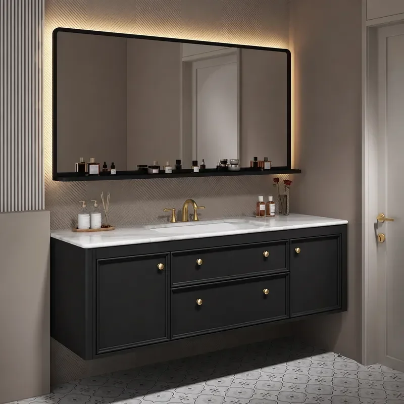 French Style Oak Bathroom Cabinet with Stone Washbasin American Retro Vanity Unit Toilet Combo Luxury Solid Wood Sink