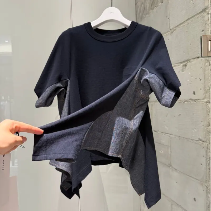 SAC 26 Japanese denim splicing wind short-sleeved irregular design top crew neck T-shirt