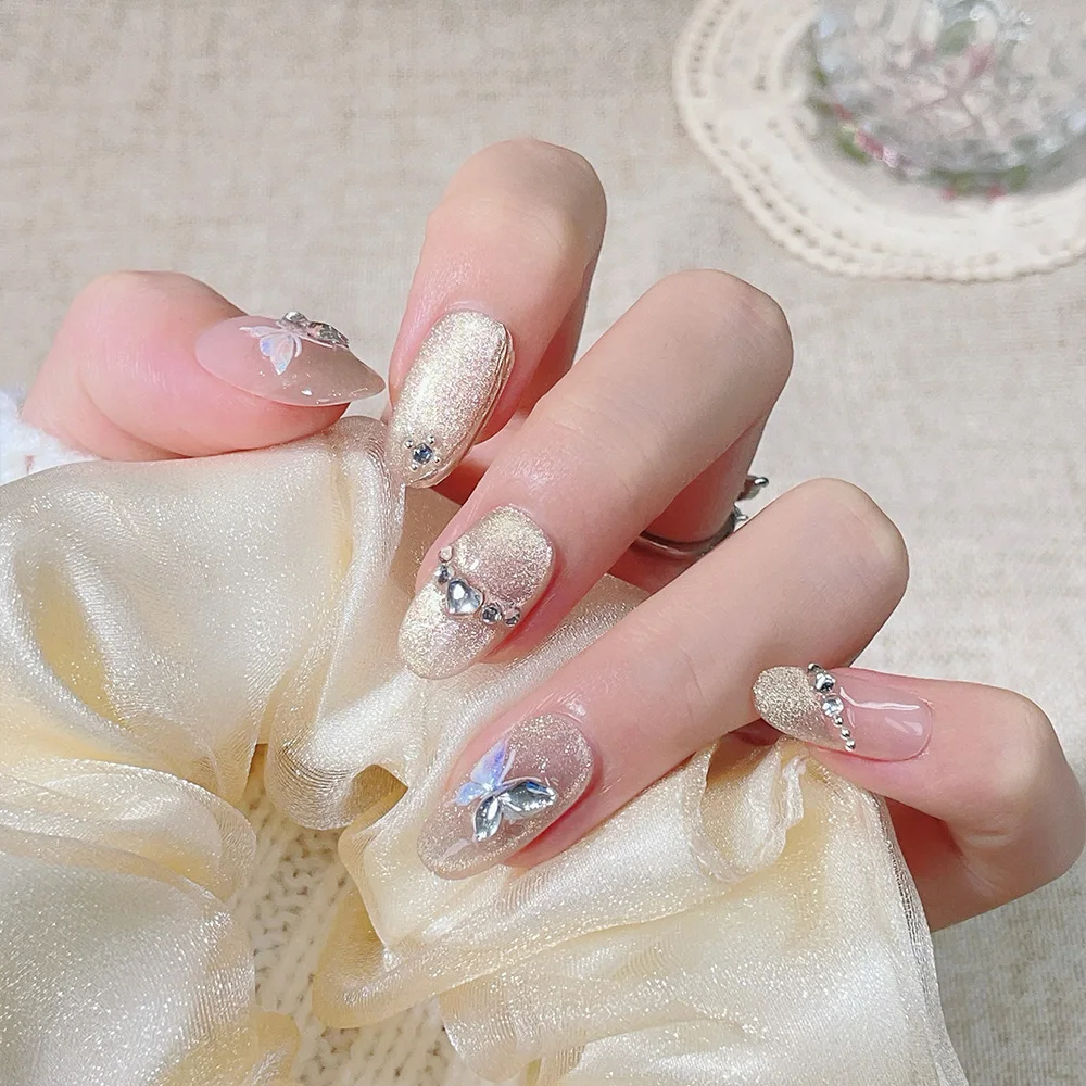 10pcs Short Oval Handmade Press On Nails Kit, Golden Fake Nails, Gentle Elegant Wearable Nail Art, Golden Butterfly
