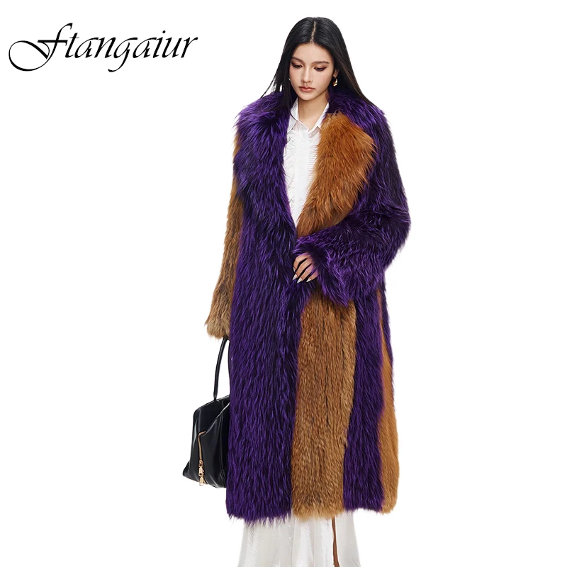 Ftangaiur Women Winter Import Fox Fur Coat Long Sleeve Patchwork Female Fox Coats Turn-Down Collar X-Long Natural Fox Fur Coats