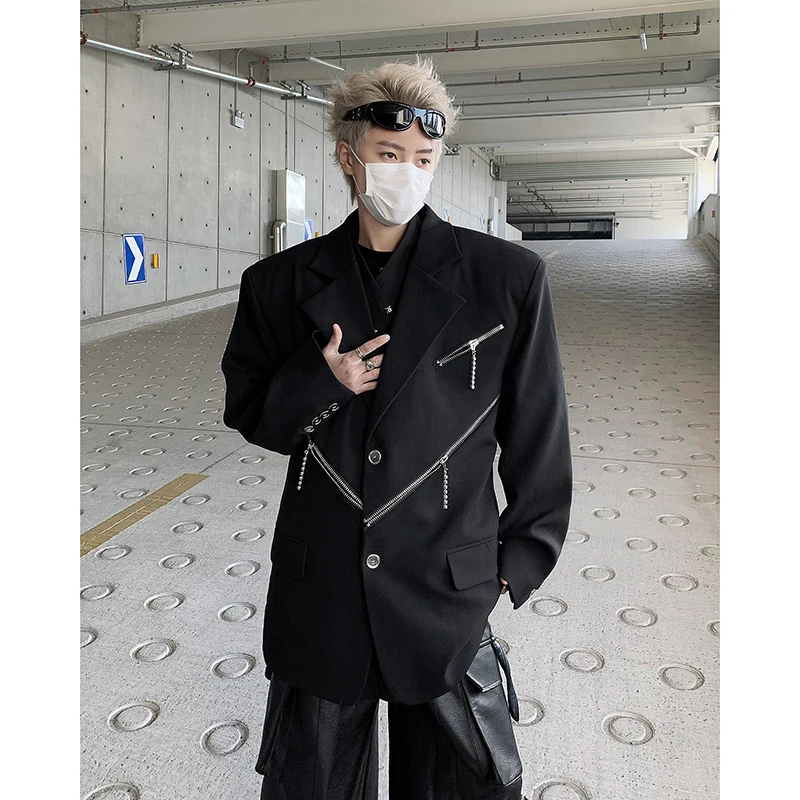 Oversized Black Blazer Men High-end Fashion Leisure Suit Jackets Multi-zippers Male Streetwear Casual Korean All-match Suit