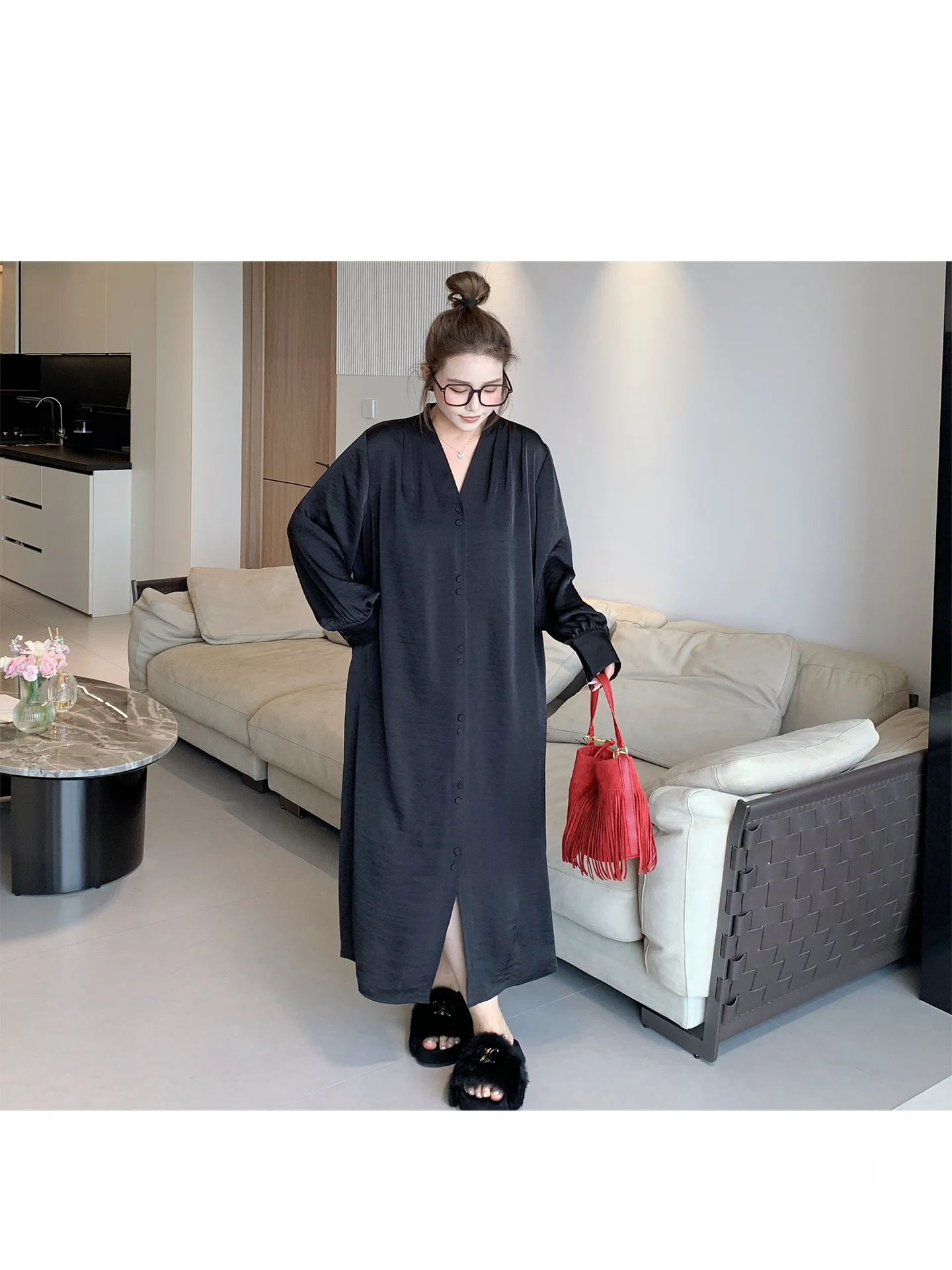 

Модное атласное платье-халат для полных женщин, удобное для повседневной носки, с завышенной талией, А-силуэт, длинное, в корейском стиле, осенняя новинка