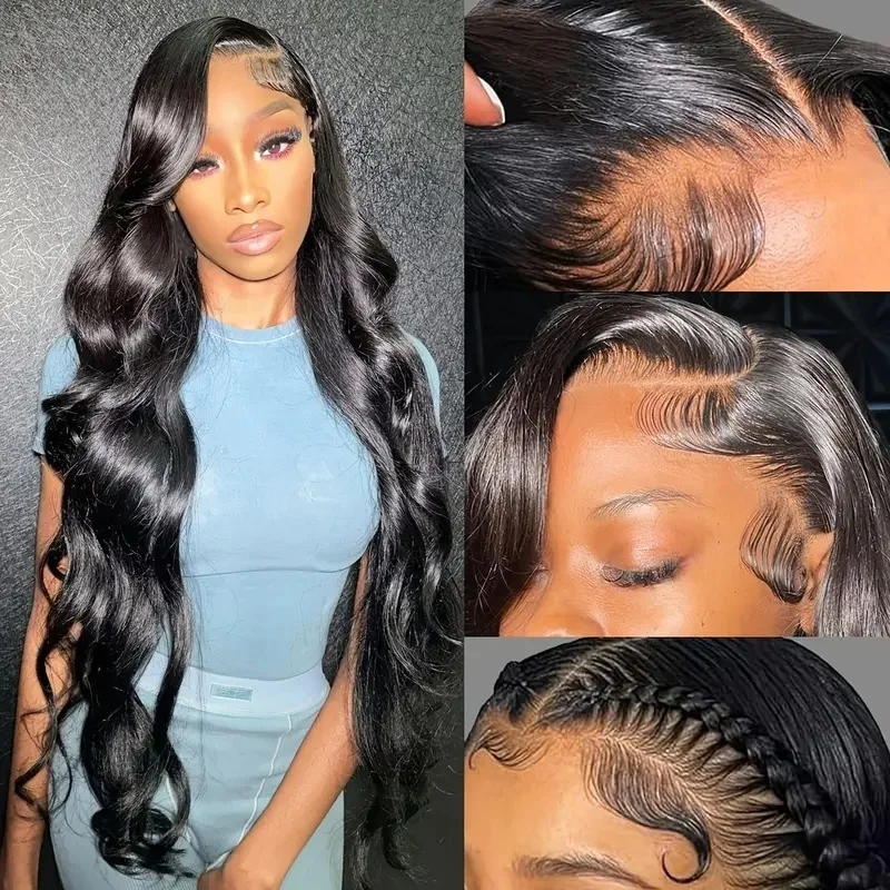 Pelucas frontales de encaje 1B, cabello humano transparente, onda corporal, densidad de 200, 5 × 5