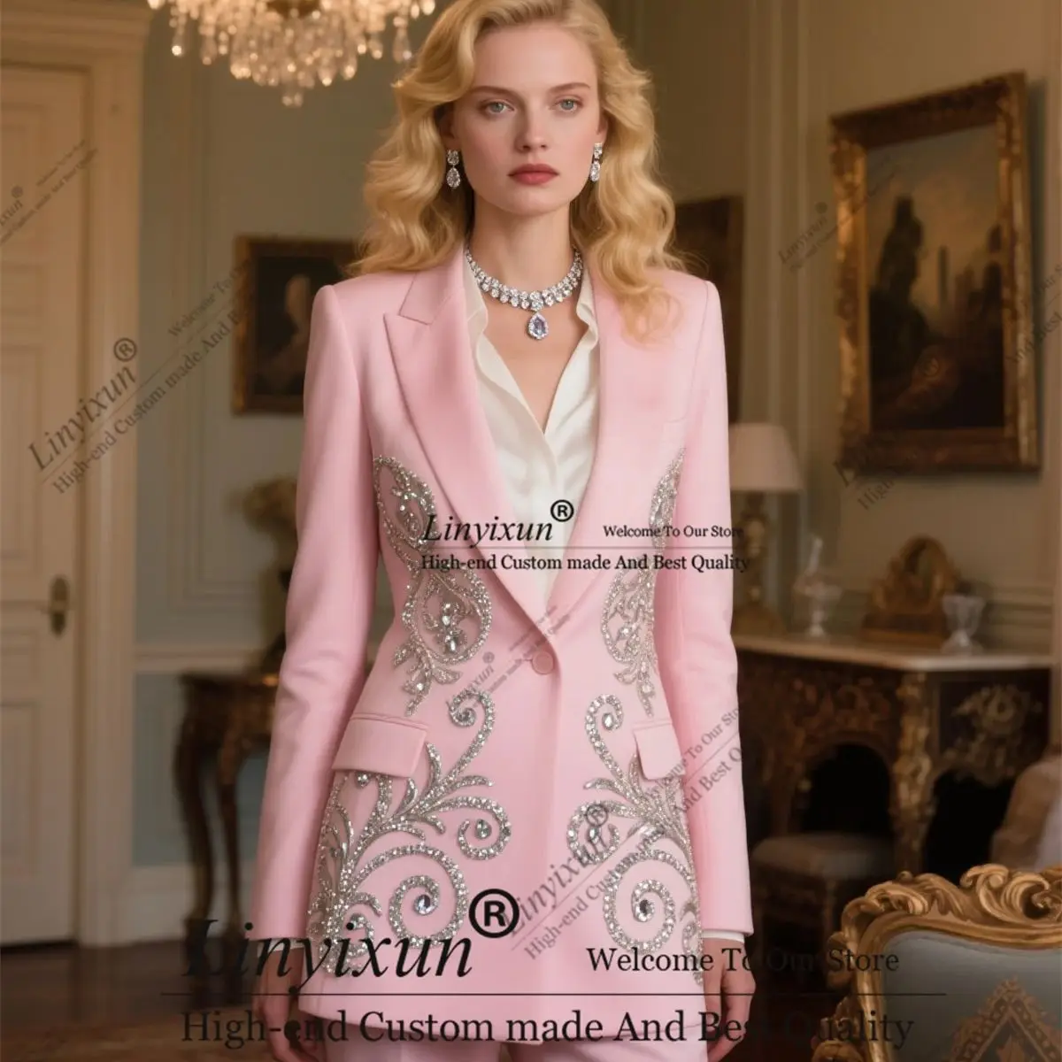 Sweet Beaded CrystalLadies Pant Suits Women Business Prom Blazer 2 Pieces костюм женский Uniform Style Female Trous