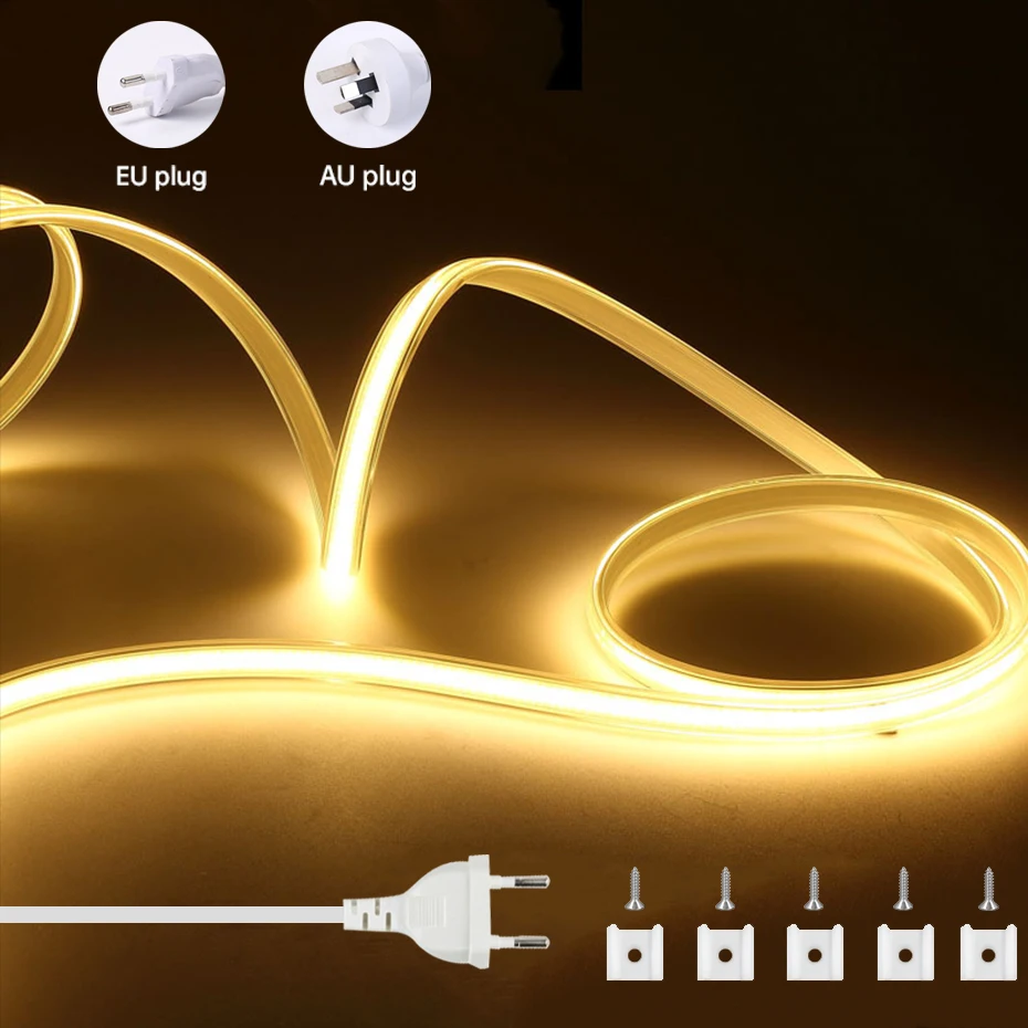 الاتحاد الأوروبي الاتحاد الأفريقي 220 فولت COB Led قطاع ضوء النيون 5 متر 15 متر 20 متر 30 متر 50 متر 288 المصابيح/م شريط مقاوم للماء Led الشريط غرفة المنزل المطبخ حديقة الإضاءة