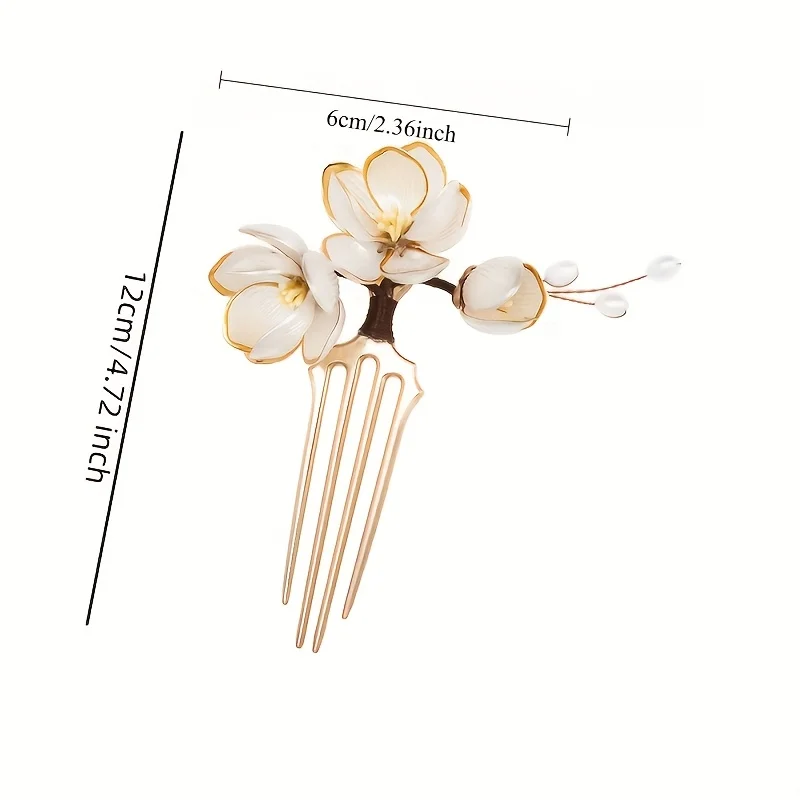 Chinese Style Shell Magnolia Flower Hair Comb with Pearl Tassel Vintage Gold Four-Tooth Hair Fork Hanfu Wedding Photo Shoot Hair Accessories for Women view 3