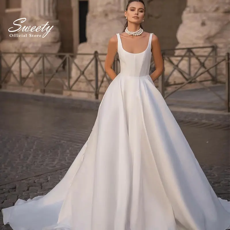 

Robe MariéE Satin Elegant Wedding Dress Satin With A-Line Ball Gown Square Collar Sleeveless Bridal Dress Backless Plus Size