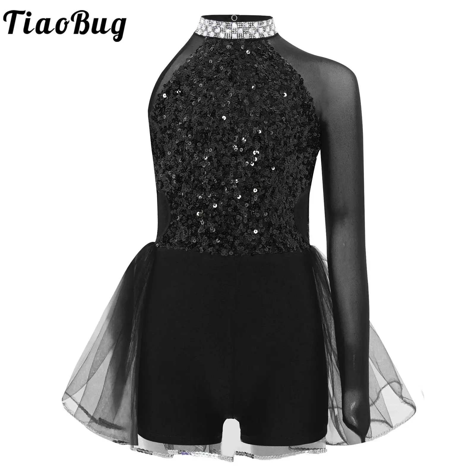 

Girls Sequins Jazz Dance Leotards Figure Skating Tulle Dress Long Sleeve Mesh Splice Bodyshorts Leotard Tutu Gymnastics Costumes