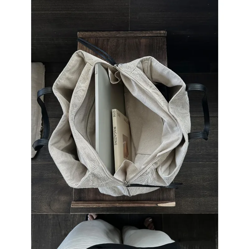 2026 New Women Embroidered Linen Canvas Tote Bag Large Capacity Pillow Hobo Purse Korean Style Slouchy Commuter Handbag
