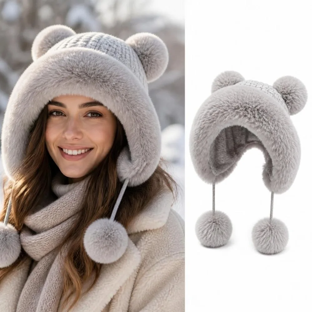 Warm Lined Bear Ear Knit Hat Windproof Thermal Insulation Trapper Hat 4 Pom Poms Fluffy Winter Knit Cap Outdoor