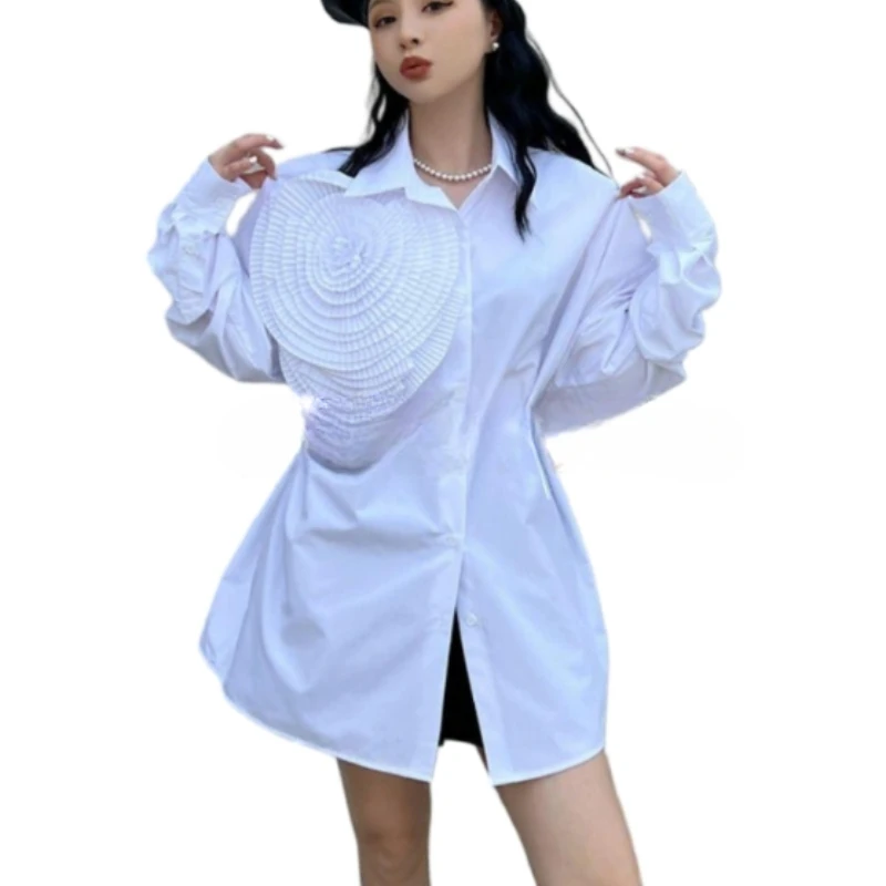 A Sense of Niche Design Polo Collar Pleated Three-dimensional Flowers Long-sleeved Shirt Top French Loose Shirt Woman