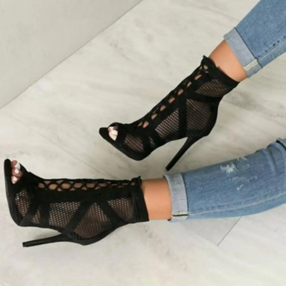 Lace-Up Sandals Heels 9CM Women\'s Shoes Summer 2022 Trend Black Sexy Peep Toe Boots Fashion Cloth Stilettos Jazz Dance Female