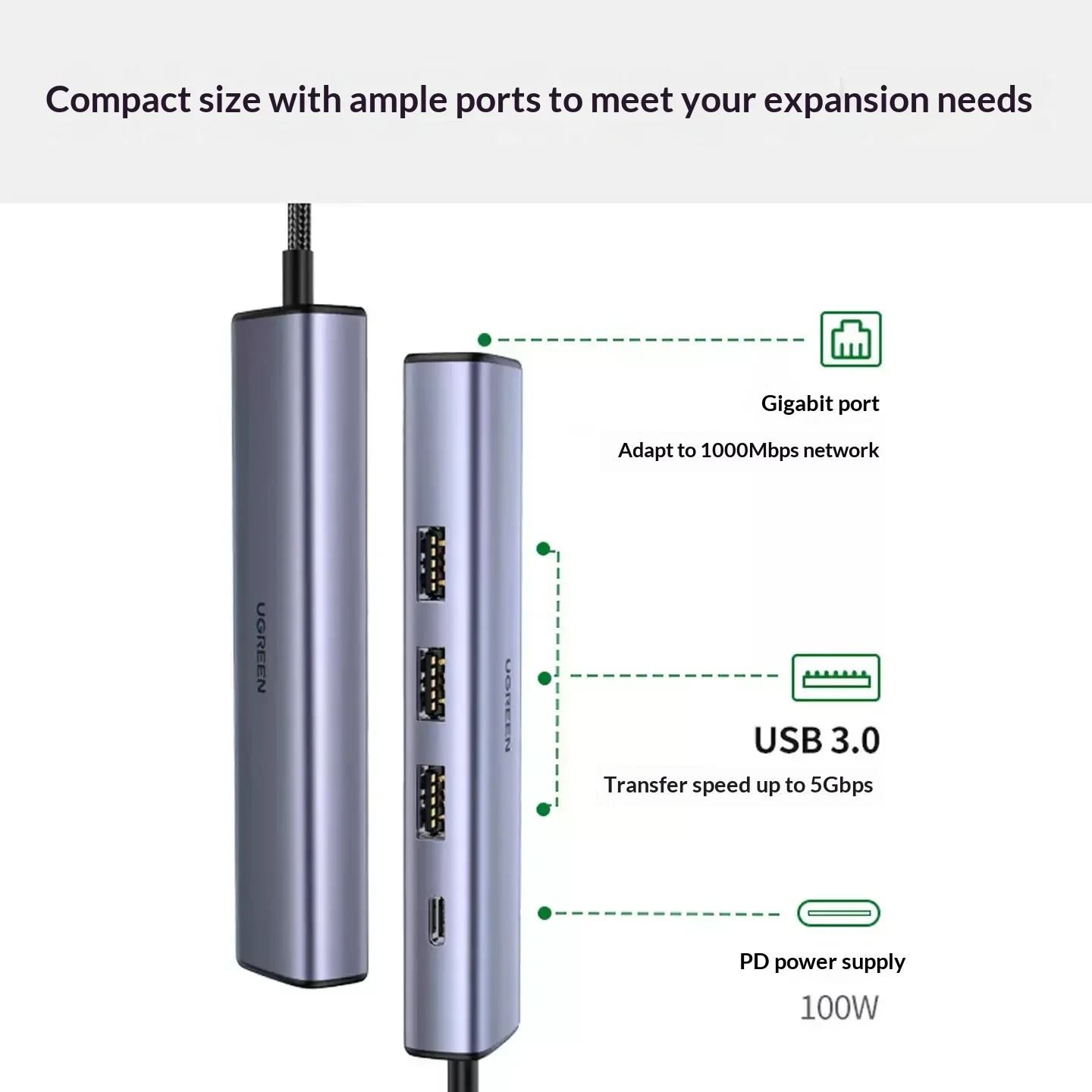 UGREEN 20932 USB C Gigabit Ethernet Adapter with USB 3.0 Hub and PD Charging Multiport Network Converter for Laptop MacBook.