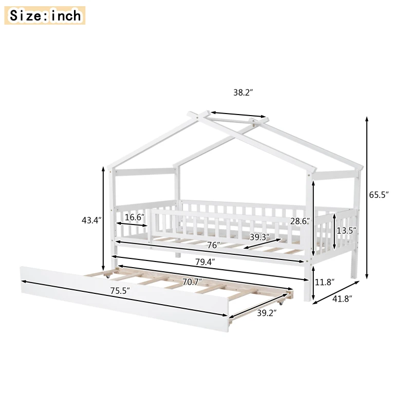 Cama de casa de madera de tamaño doble con trundle de tamaño doble, blanco