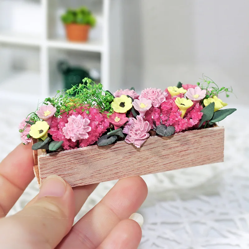 1:12 BJD Doll Mini Flower Bed Long Wood Pot Bonsai Miniature Items Planter Dolls House Accessories Garden Flowers Pretend Play