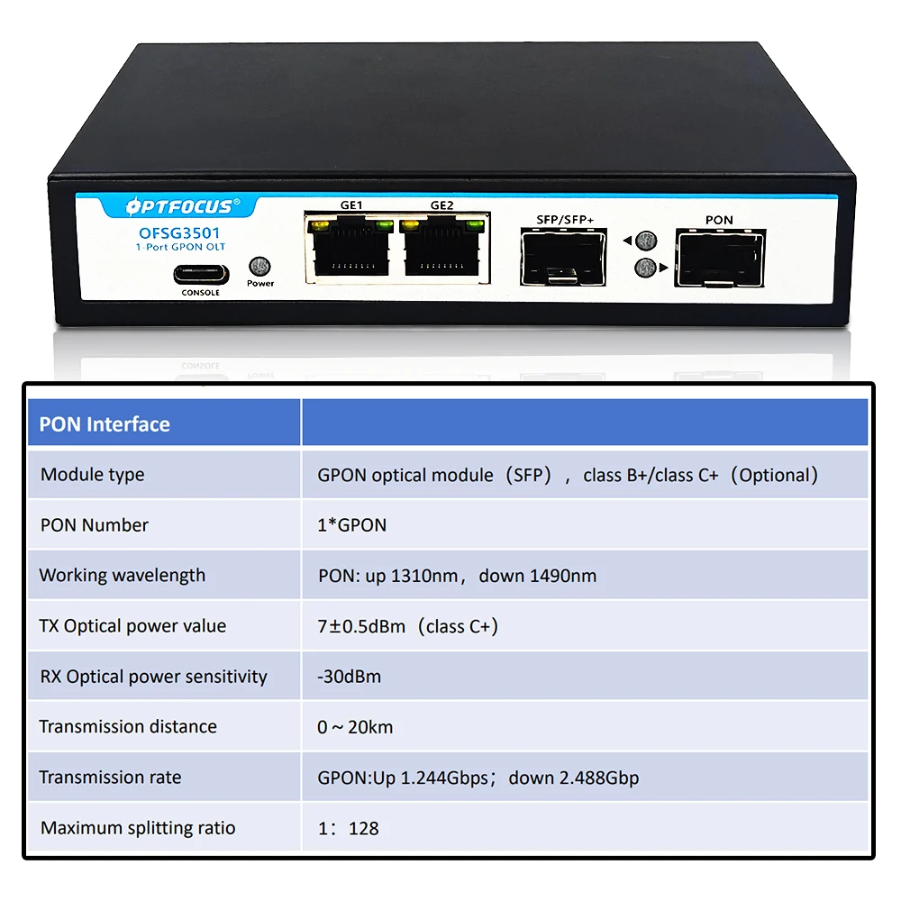 OPTFOCUS Mini GPON OLT 1PON VLAN 10G Uplink 12V 2A DC-Stromversorgung Unterstützt 128 ONU POE Stromversorgung MINI GPON OLT 1 Port