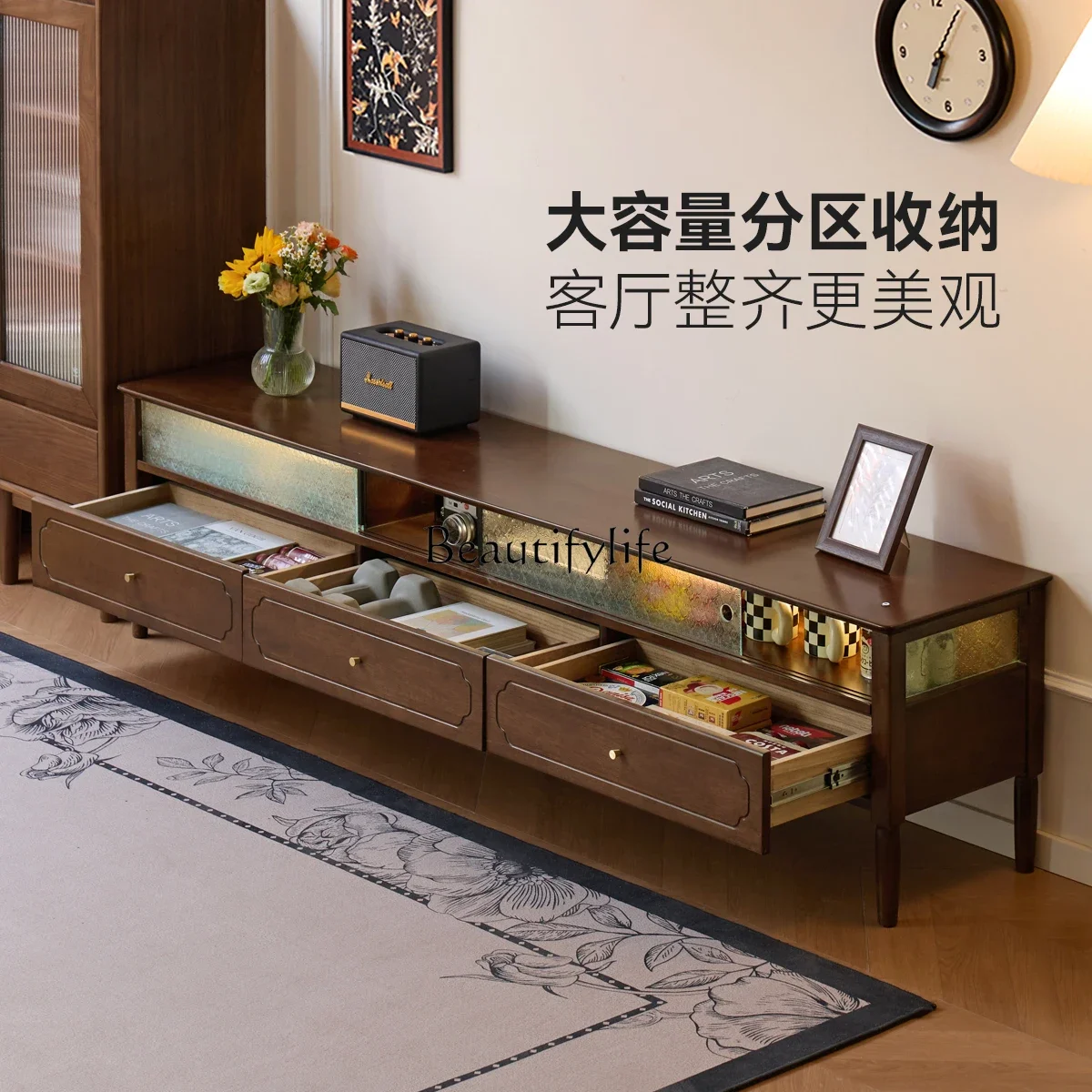 

yj39 Solid Wood TV Cabinet Storage Cabinet Integrated Retro Style Living Room Home Use