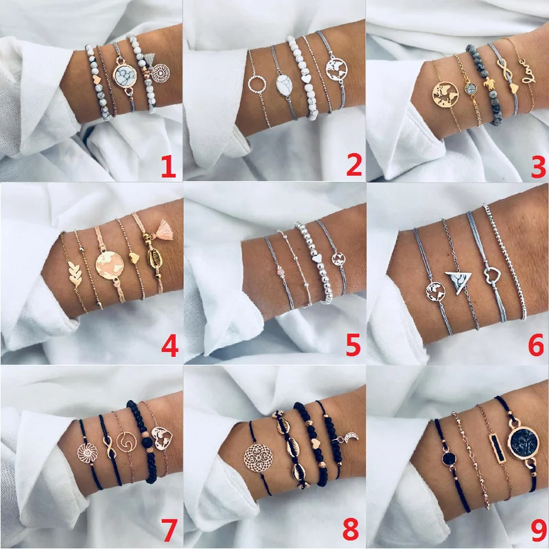 Nieuwe Bohemian Zwart Touw Ketting Armband Set Voor Vrouwen Vliegtuigen Shell Maan Hart Crystal Charm Bangle Boho Sieraden