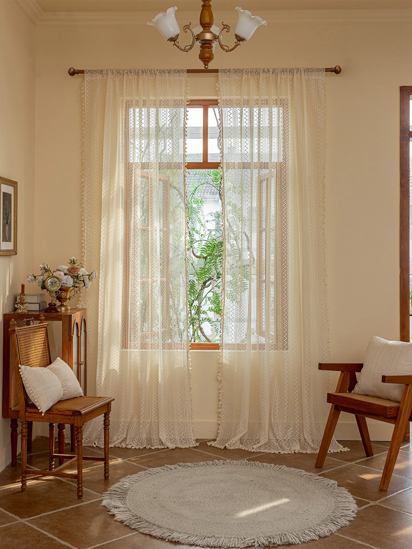 1pc Elegant Lace Rod Pocket Curtains with Tassel Fringe for Bedroom and Living Room Decor, Triangle Wave Pattern