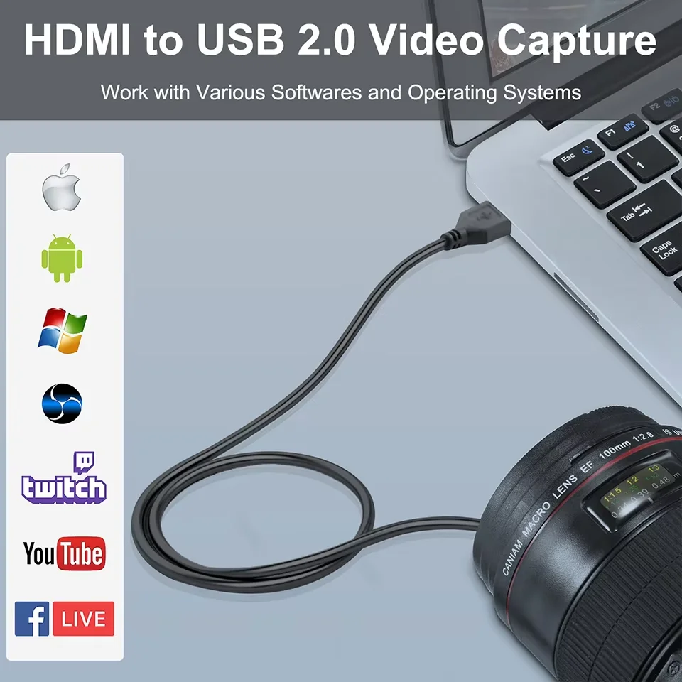 Video Capture Card HDMI TO USB Game Capture Cable Compatible with Android MacOS WIN System for Switch Camere Live Streaming