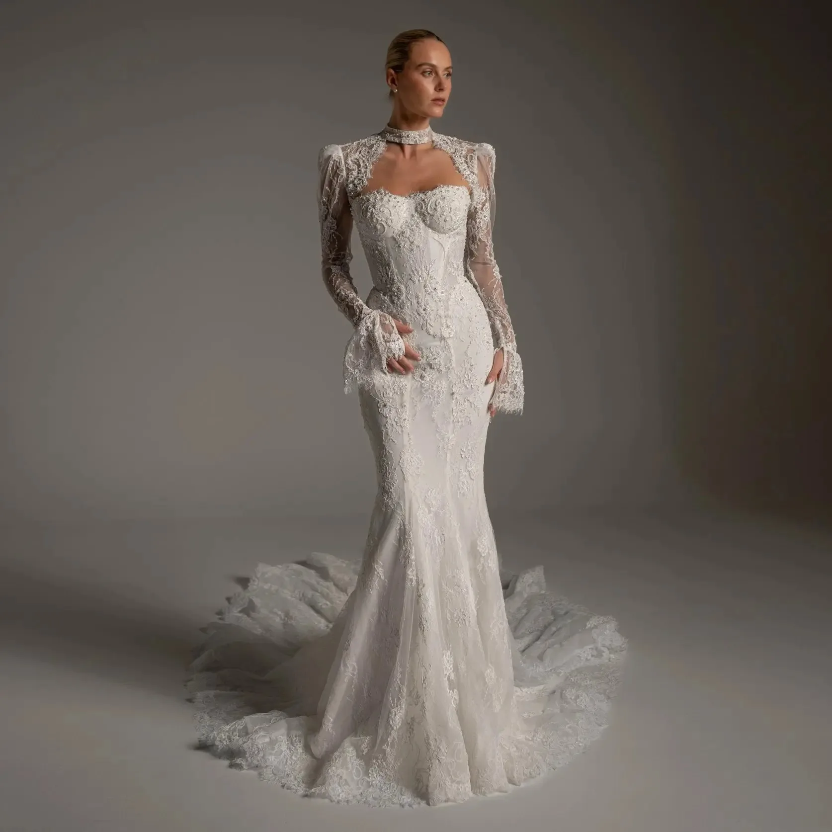 Luxury White Lace Bridal Bolero with High Neck Choker and Bell Sleeves Autumn Wedding Cape Jacket Customized J26746
