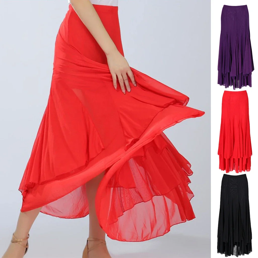 New Lady Ballroom Dance Skirt Waltz Flamenco Costume Modern Dancing Skirts Elastic Waistband Big Swing Solid Color Long Dresses