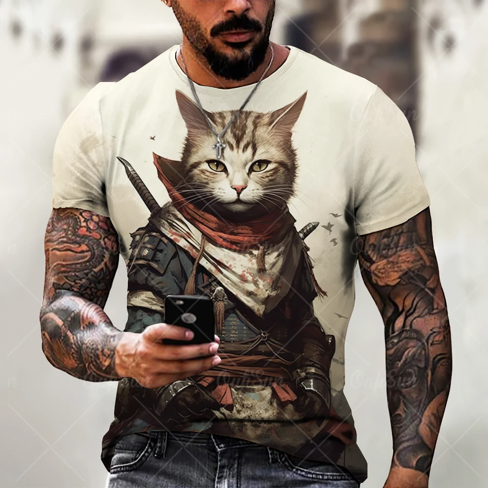 Japanese Samurai Cat Print Men\'s T-shirt Funny 3D Animal Pattern T-shirt Summer Casual O-Neck Loose Top Short Sleeve T-shirt Men