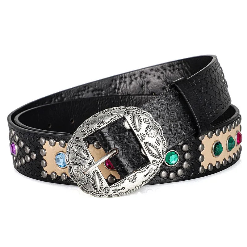 Retro style fashion carved buckle belt, trendy color diamond rivet decoration belt, paired with coat, jeans, belt, unisex