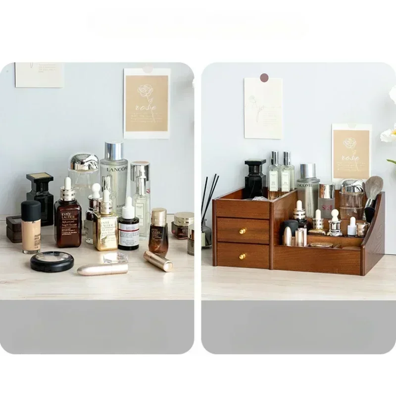 Clear Wood Texture Makeup Organizer Large Capacity Drawer Box Luxury Storage for Lipstick Mask and Skincare
