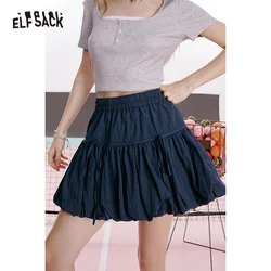 ELFSACK 2024 summer new arrival Dark blue a-line bow bud pleated sweet slim cake skirt for women