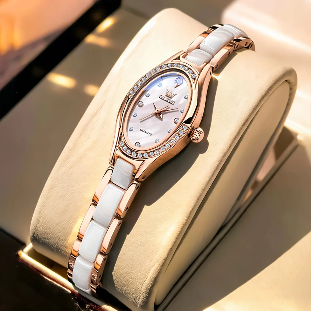 OLEVS New In Watches for Women Elegant Fashion Rose Gold Ceramics Strap Oval Dial Diamond Bezel Bracelet Quartz Wristwatch 7131