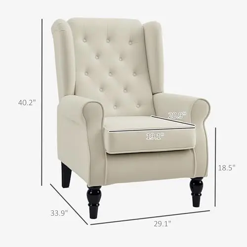 Mid-Century Modern Accent Chair, High Wingback Reading Chair, Button-Tufted Upholstered Fabric Armchair with Retro Wood