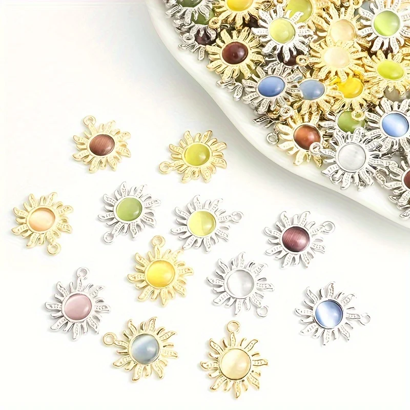12pcs alloy jewelry accessories multi-color cat eye stone sunflower pendant earrings necklace pendant DIY handmade material view 5