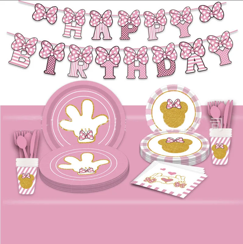 

Minnie Themed Birthday Party Decoration Supplies Disposable Cutlery Cup Plate Paper Balloon Background Baby Shower Gift