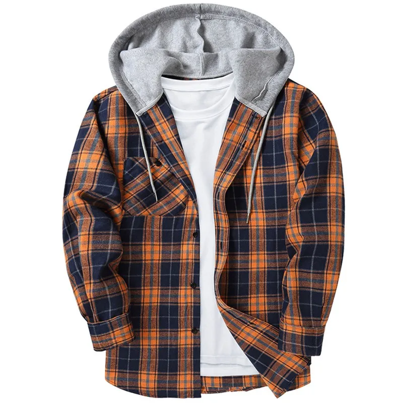 Mens Spring Autumn Plaid Print Hooded Shirts Mens Casual Loose flannel Harajuku Korean Long Sleeve Shirts Street Shirts Coats