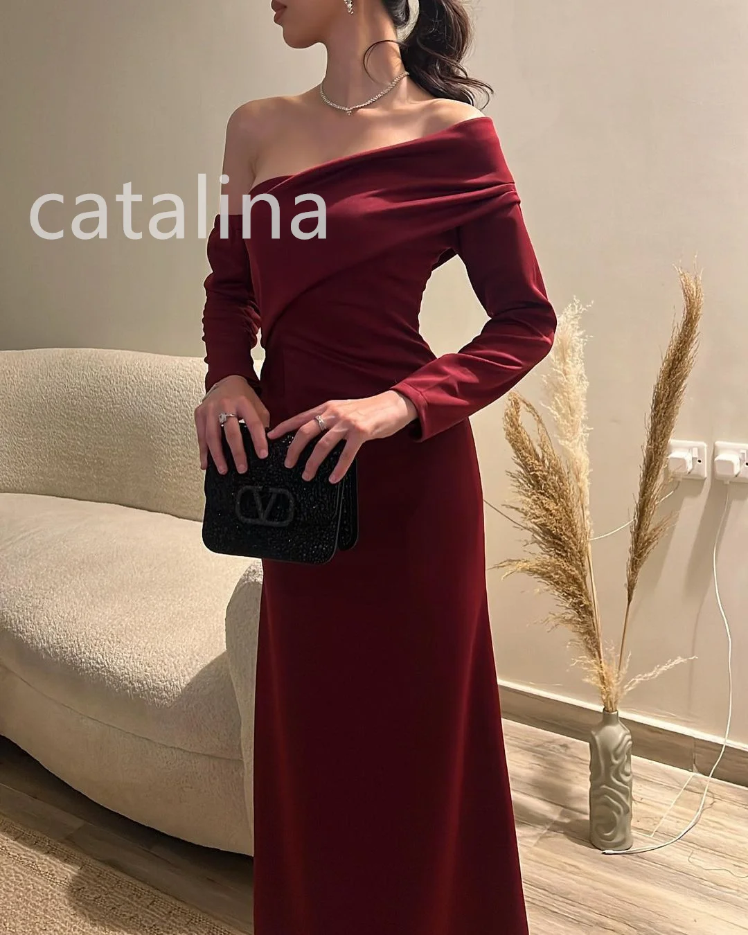 

Fashion Red Prom Dress Simple Mermaid Evening Dress A-line Party Vestidos Contoured Draped Layered Stain Formal Occasion Gowns