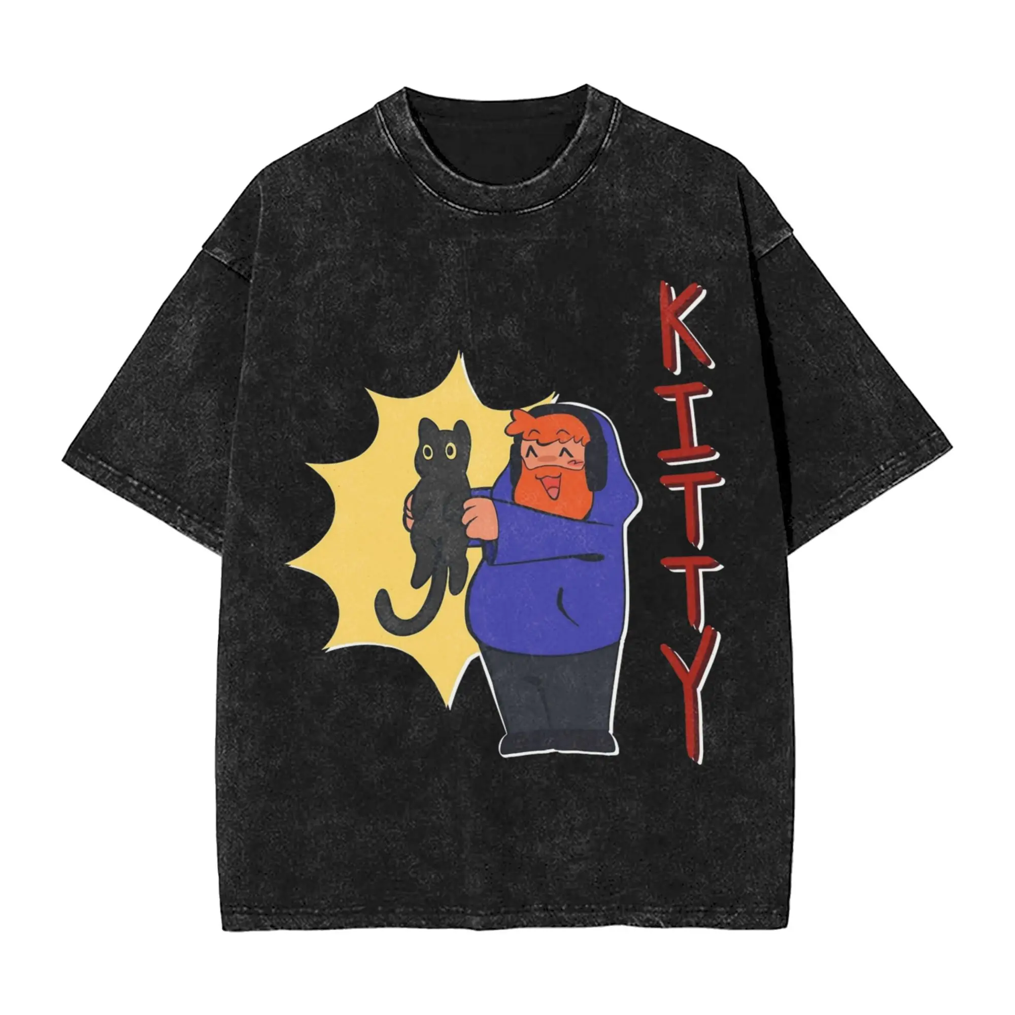Caseoh KITTY Men's T Shirts Washed  Novelty Tees Short Sleeve O Neck T-Shirts Cotton Plus Size Clothing