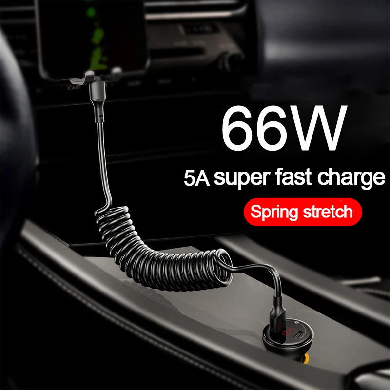 65W 5A Cable Fast Charging Spring Pull Telescopic Cord Type C To Type C For Samsung Xiaomi OPPO Huawei USB C Car Charger Cable