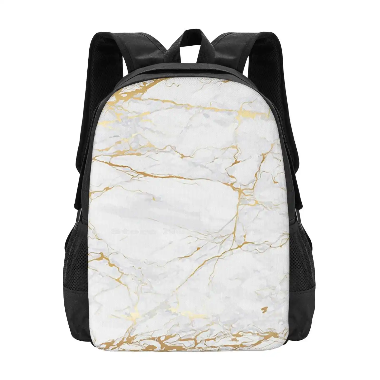 White And Gold Marble Hot Sale Schoolbag Backpack Fashion Bags Marble White Golden Stone Natural Cute Fun Trendy Trending